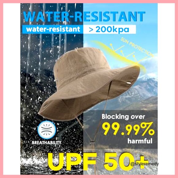 Waterproof Nylon Bucket Sun Hat UPF50+ Wide Brim Foldable Floppy main image 4